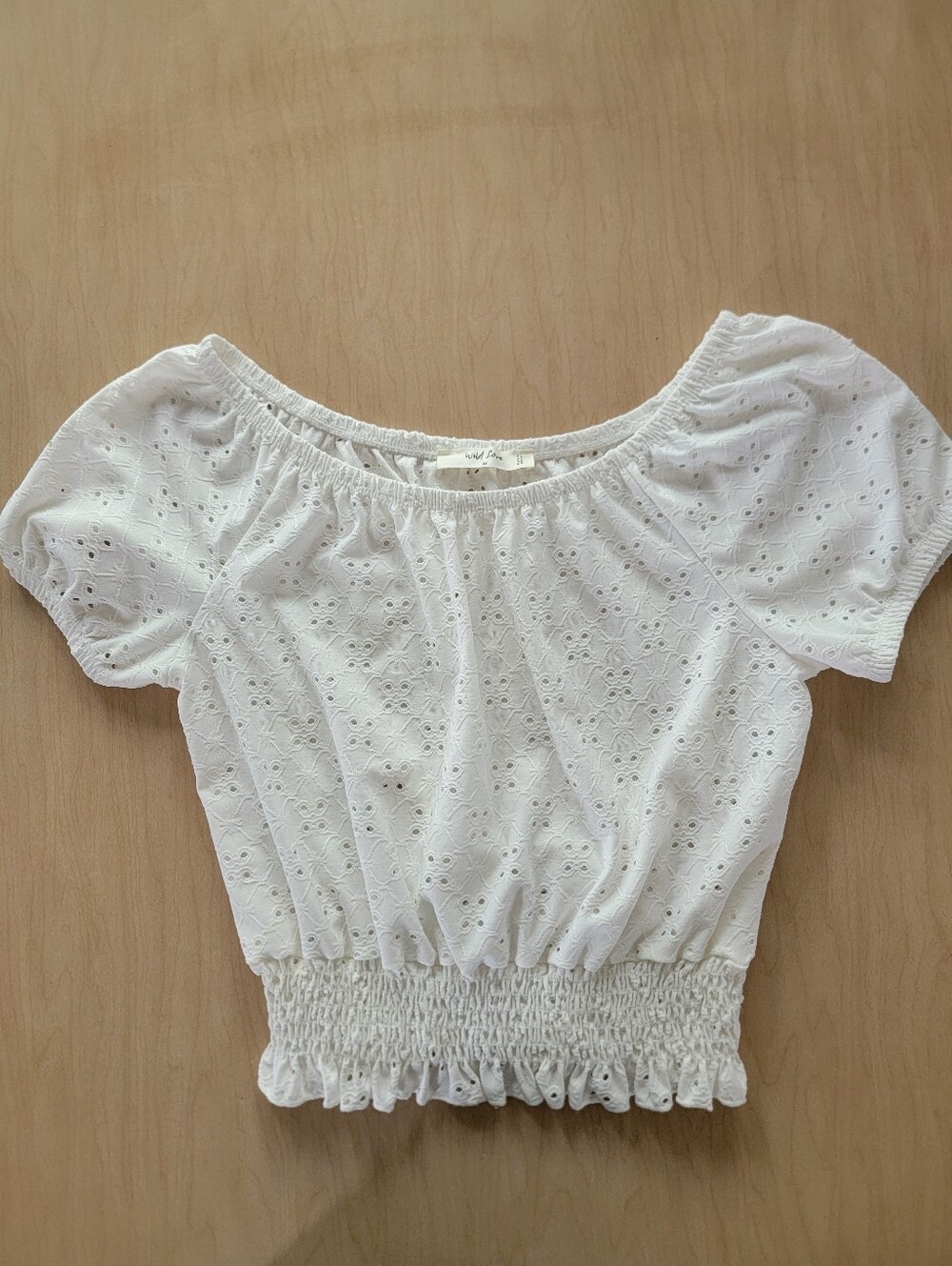Wild Love White Eyelet Smocked Waist Short Sleeve Top Medium